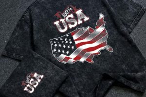 USA American Flag Map Graphic T-Shirt - Men's Vintage Black Acid Wash Patriotic Oversized Streetwear Tee