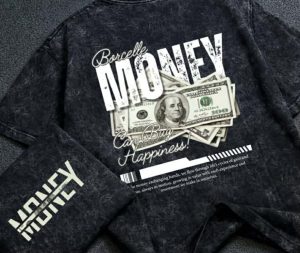 Borcelle "Money Can Buy Happiness" Graphic T-Shirt - Men's Black Acid Wash Premium Drop Shoulder T-Shirt