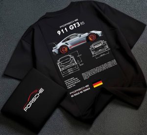 Porsche 911 GT3 RS JDM Automotive Graphic T-Shirt - Men's Premium Black Oversized Drop Shoulder Cotton Tee