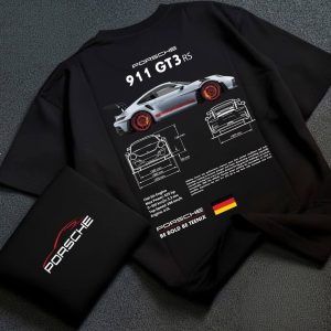 Porsche 911 GT3 RS JDM Automotive Graphic T-Shirt - Men's Premium Black Oversized Drop Shoulder Cotton Tee