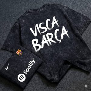 FC Barcelona "Visca Barça" Football Graphic T-Shirt - Men's Vintage Black Acid Wash Premium T-shirt