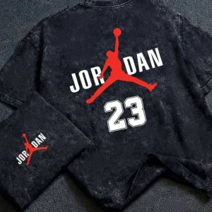 Air Jordan 23 Jumpman Graphic T-Shirt - Men's Vintage Black Acid Wash Premium Oversized Drop Shoulder Tee