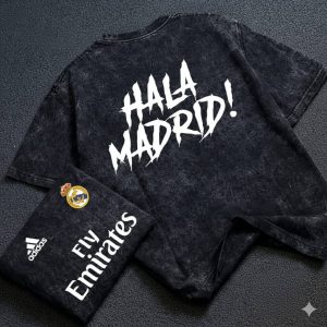 "Hala Madrid!" Football Graphic T-Shirt - Men's Vintage Black Acid Wash Premium Oversized Drop Shoulder Tee